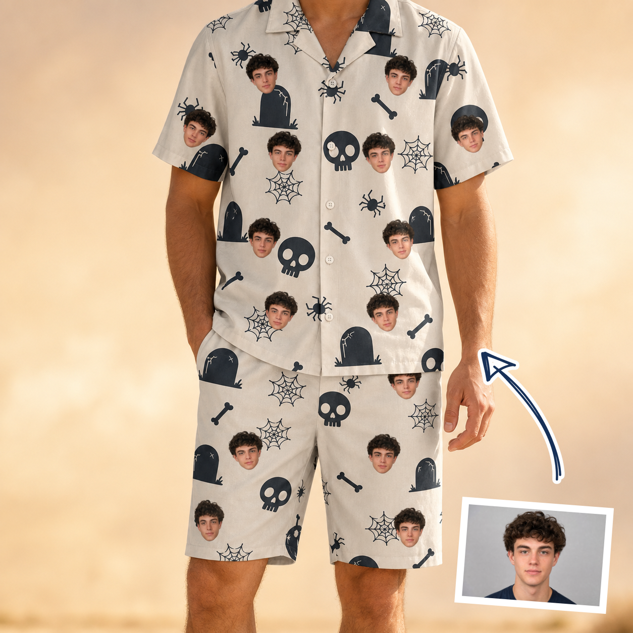 Man wearing Men's Cryptic Crawlies Custom Face Shirt & Shorts Set — custom faces printed all-over