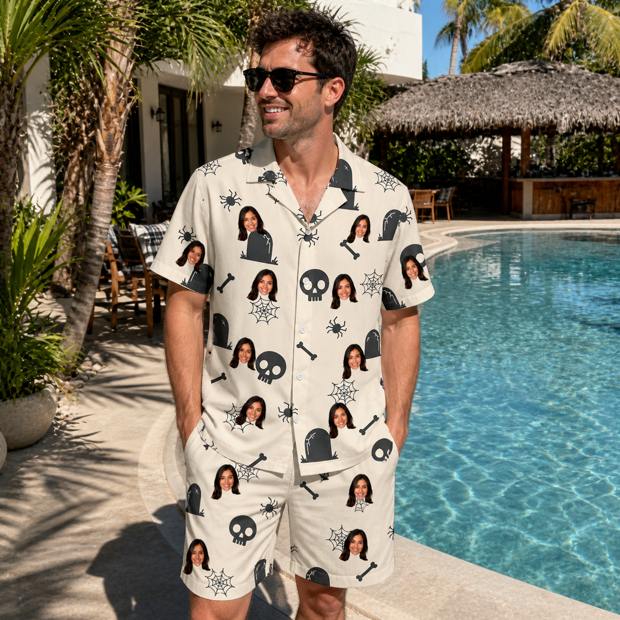 Real-life photo of someone wearing Men's Cryptic Crawlies Custom Face Shirt & Shorts Set — custom faces printed all-over