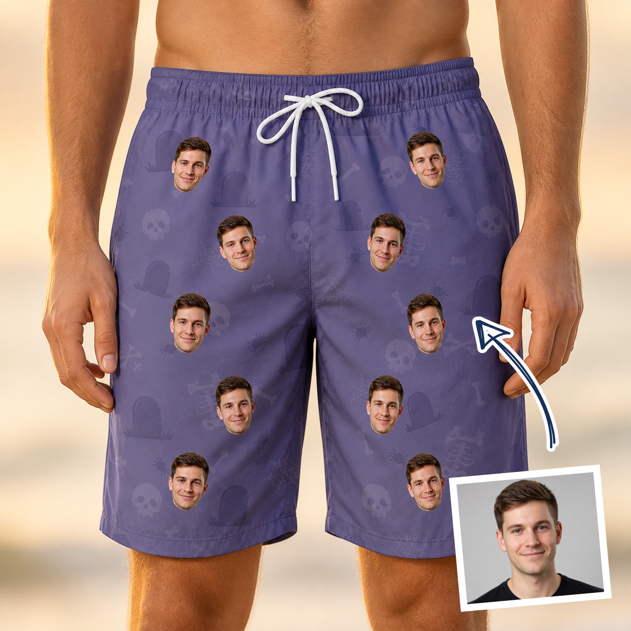 Man wearing Men's Cemetery Chuckles Custom Face Beach Shorts — custom faces printed all-over