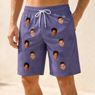 Model wearing Men's Cemetery Chuckles Custom Face Beach Shorts printed with kids' faces