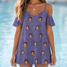 Model wearing Women's Cemetery Chuckles Custom Face Off-Shoulder Dress printed with kids' faces