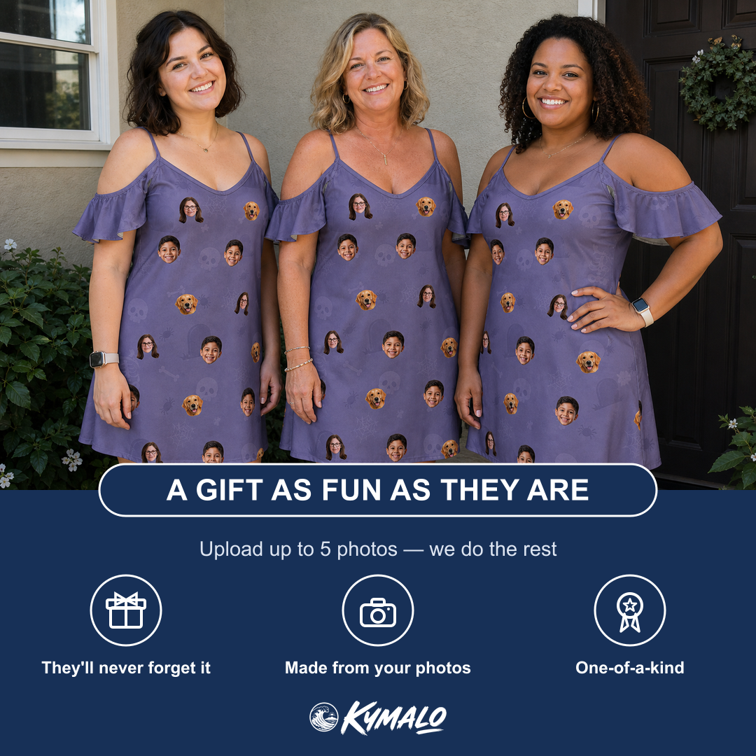 Friends in matching Women's Cemetery Chuckles Custom Face Off-Shoulder Dress — a group gift photo