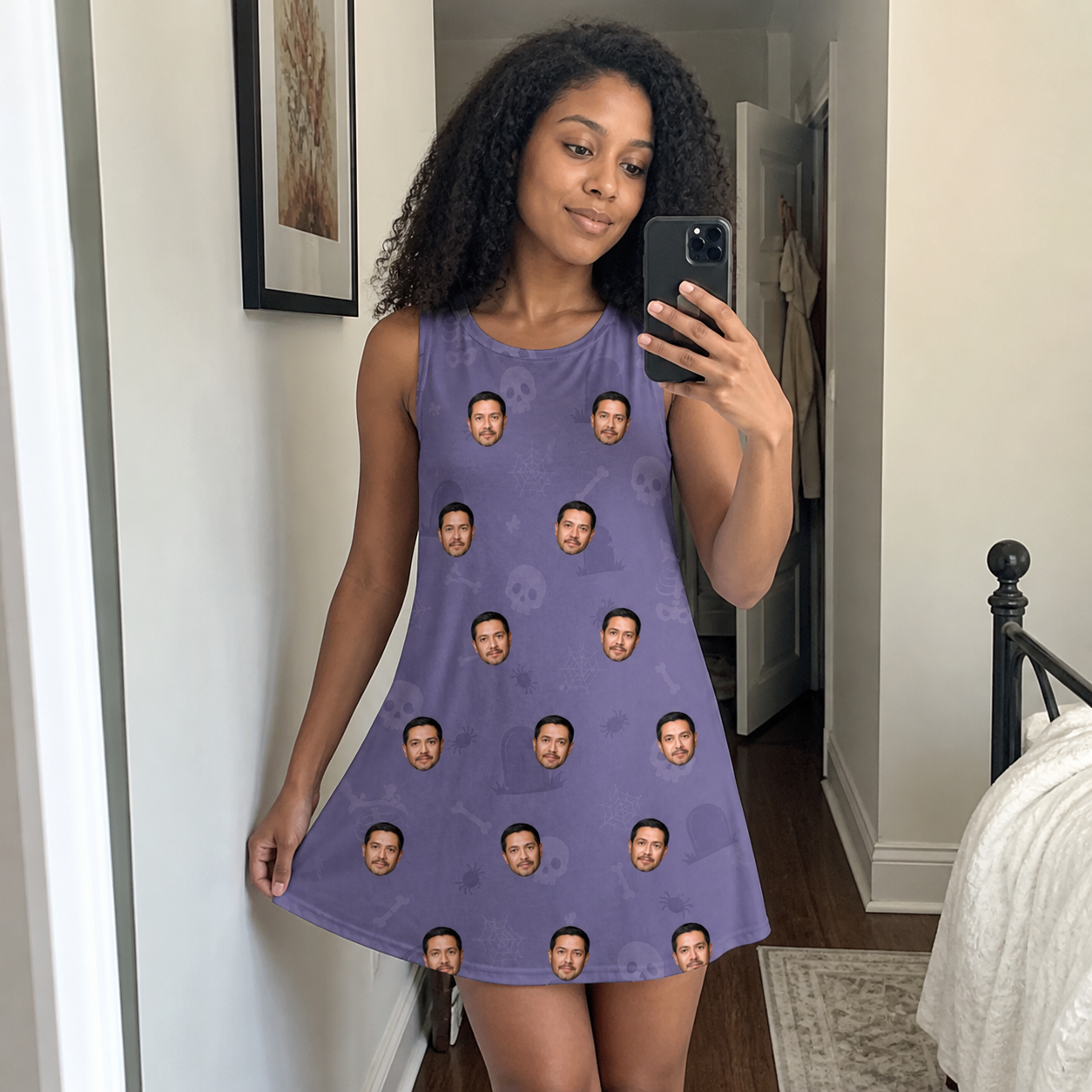 Real-life photo of someone wearing Women's Cemetery Chuckles Custom Face Tank Dress — custom faces printed all-over