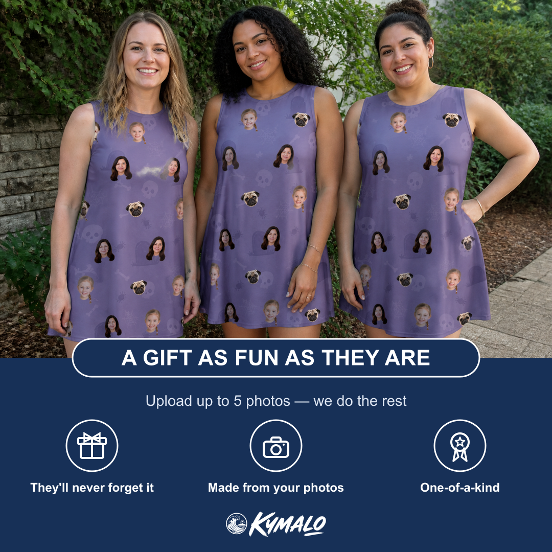 Friends in matching Women's Cemetery Chuckles Custom Face Tank Dress — a group gift photo