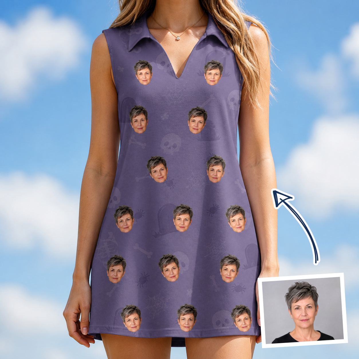 Woman wearing Women's Cemetery Chuckles Custom Face V-Neck Dress — custom faces printed all-over