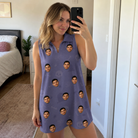 Real-life photo of someone wearing Women's Cemetery Chuckles Custom Face V-Neck Dress — custom faces printed all-over