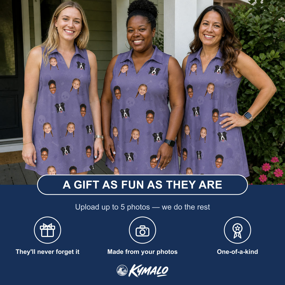 Friends in matching Women's Cemetery Chuckles Custom Face V-Neck Dress — a group gift photo