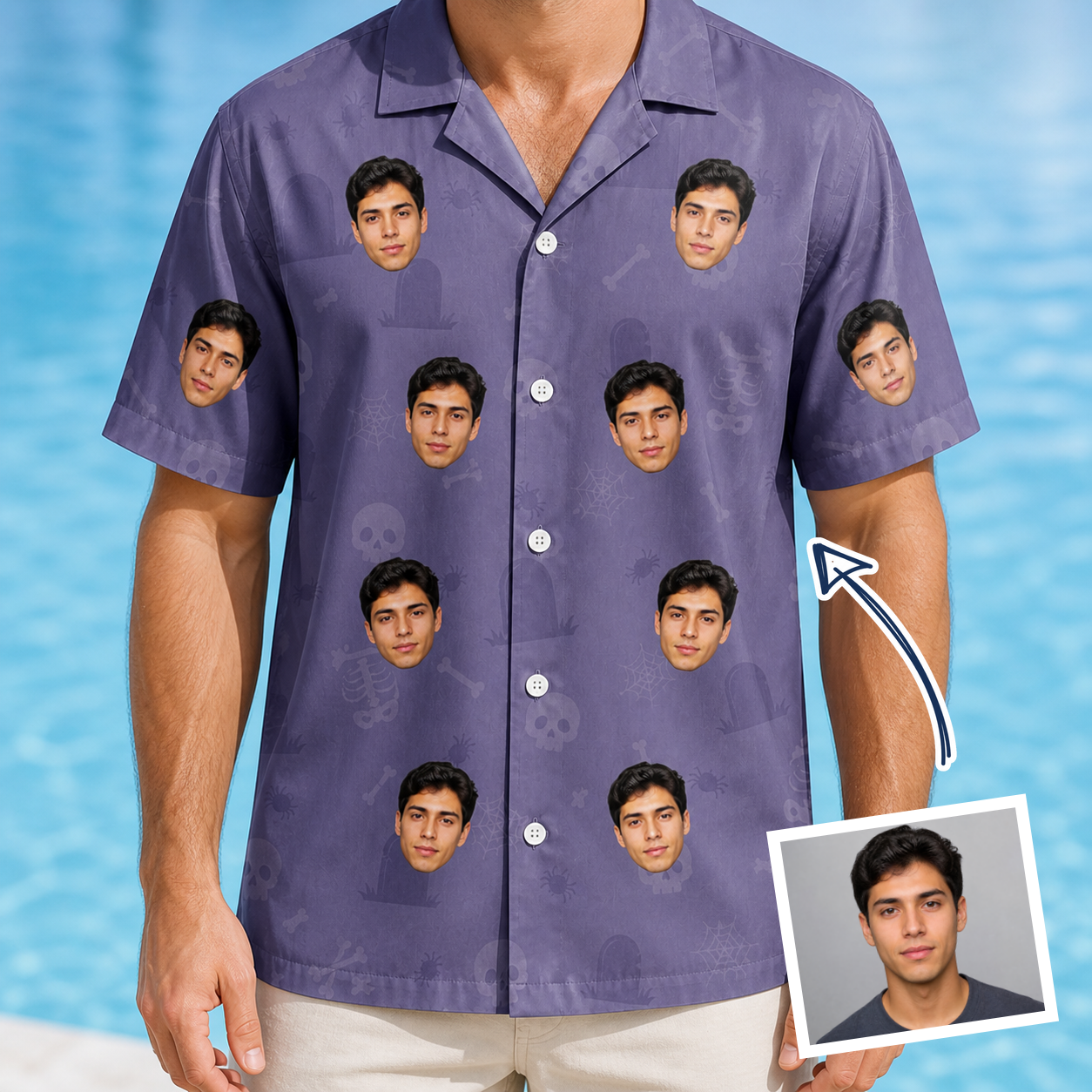 Man wearing Men's Cemetery Chuckles Custom Face Hawaiian Shirt — custom faces printed all-over