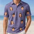 Model wearing Men's Cemetery Chuckles Custom Face Polo Shirt printed with kids' faces