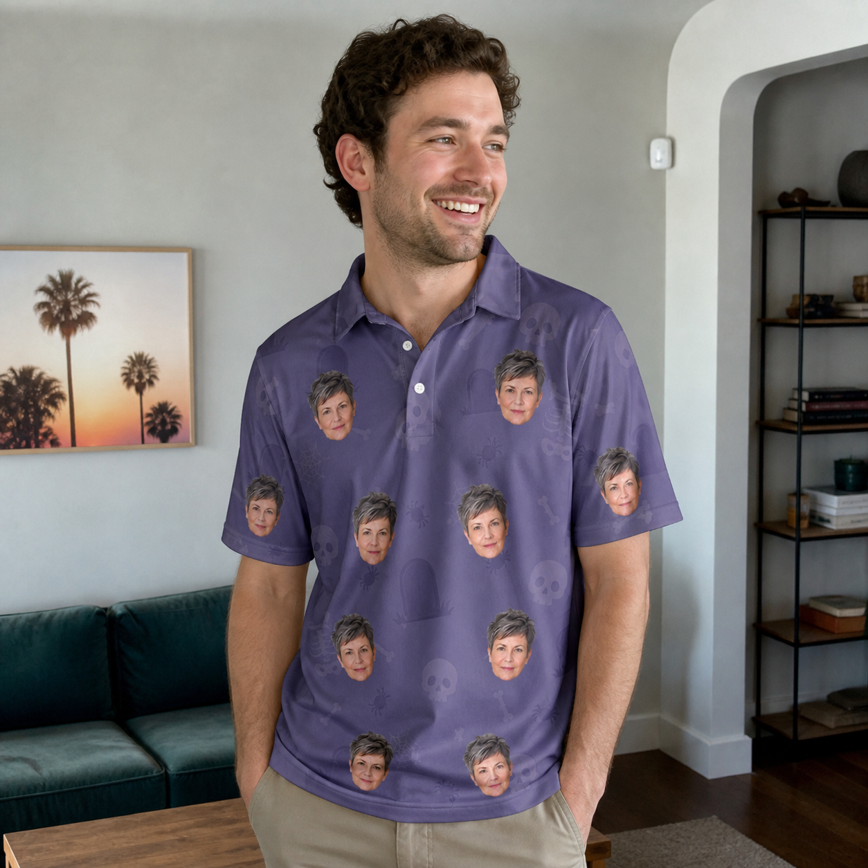 Real-life photo of someone wearing Men's Cemetery Chuckles Custom Face Polo Shirt — custom faces printed all-over
