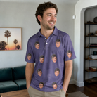 Real-life photo of someone wearing Men's Cemetery Chuckles Custom Face Polo Shirt — custom faces printed all-over