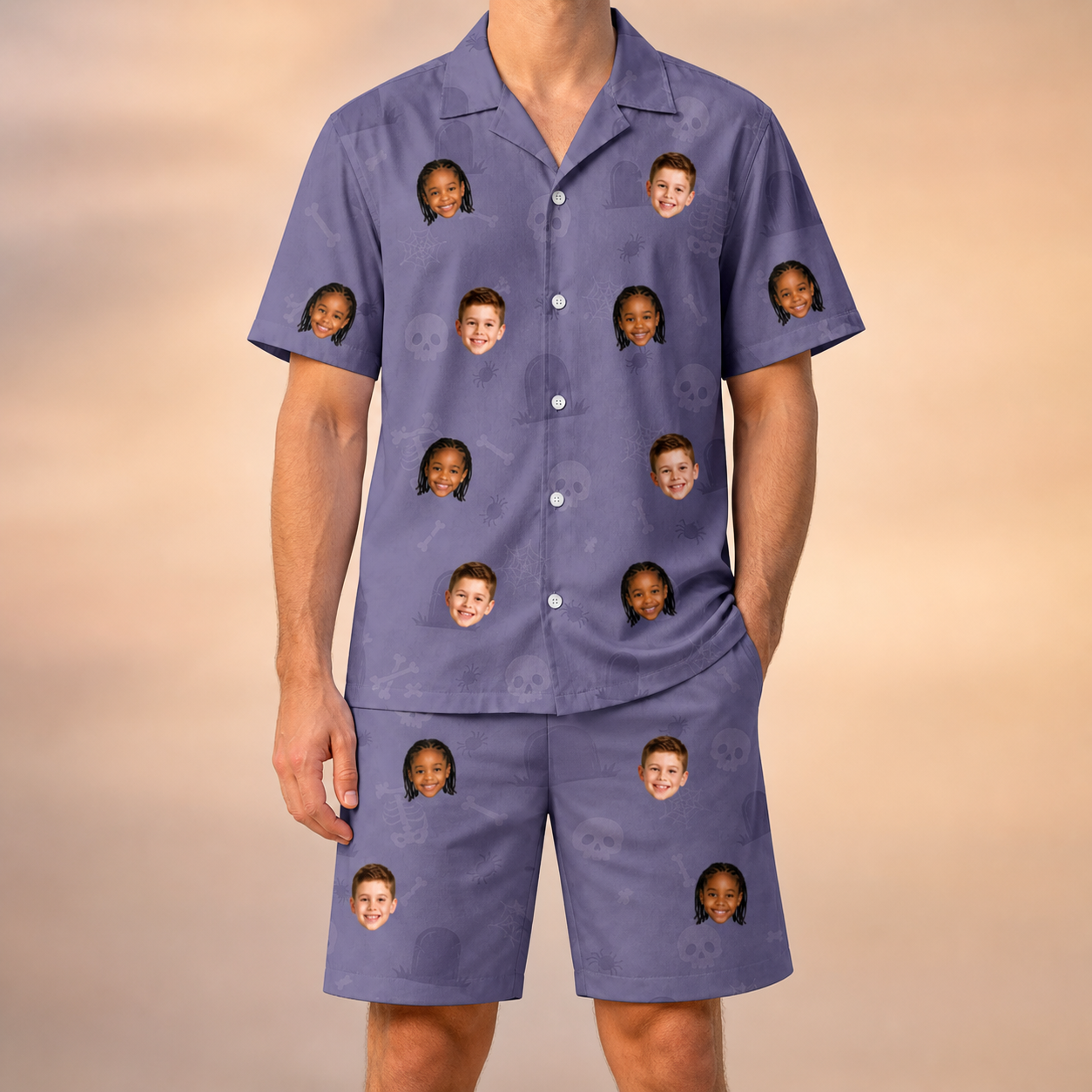 Model wearing Men's Cemetery Chuckles Custom Face Shirt & Shorts Set printed with kids' faces