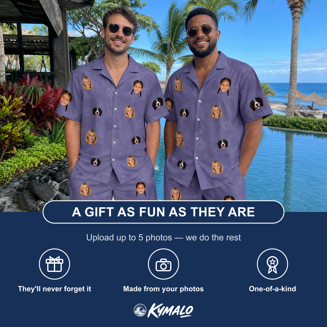 Friends in matching Men's Cemetery Chuckles Custom Face Shirt & Shorts Set — a group gift photo