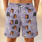 Model wearing Men's Grinning Gravestones Custom Face Beach Shorts printed with kids' faces