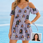 Woman wearing Women's Grinning Gravestones Custom Face Off-Shoulder Dress — custom faces printed all-over