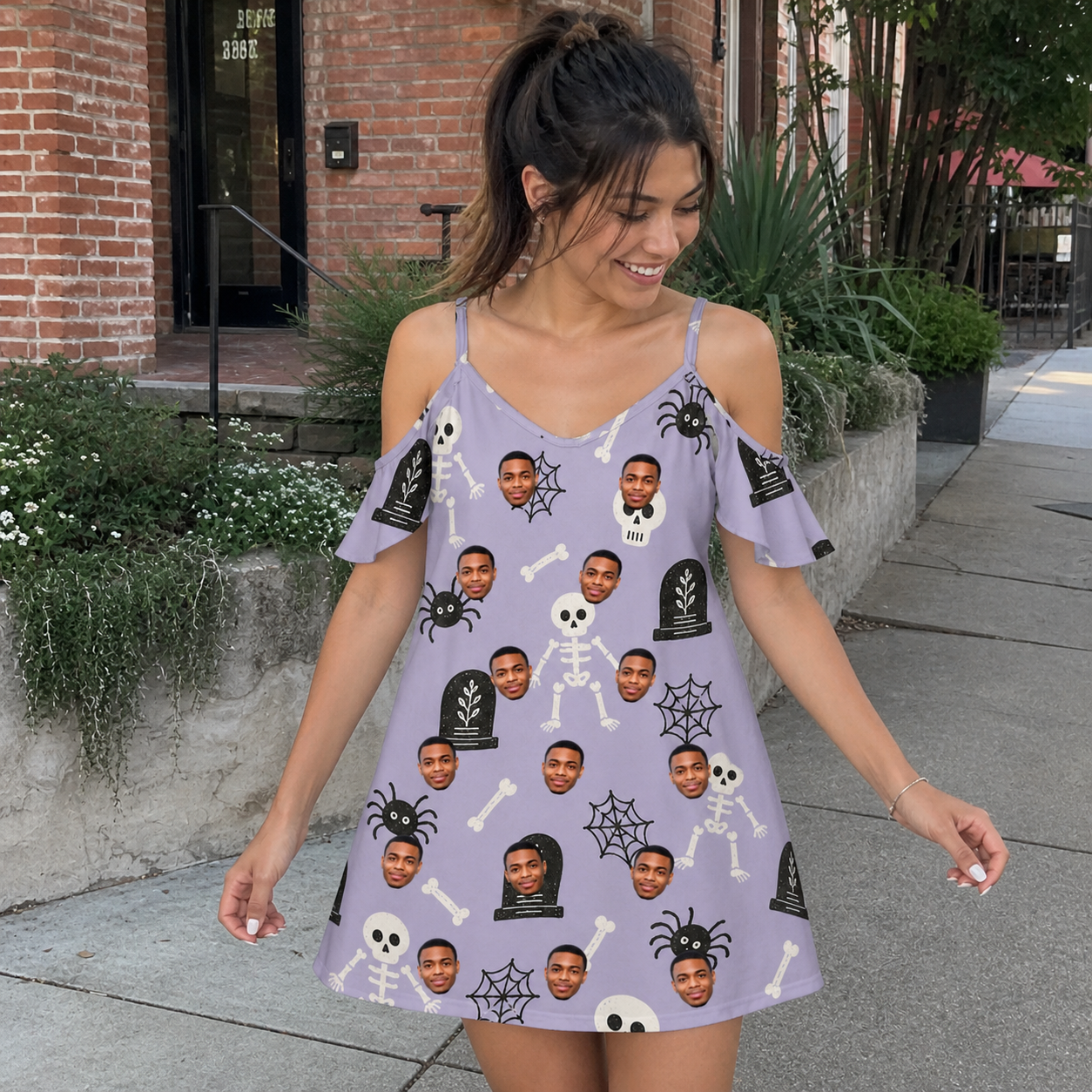 Real-life photo of someone wearing Women's Grinning Gravestones Custom Face Off-Shoulder Dress — custom faces printed all-over