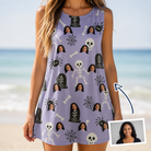 Woman wearing Women's Grinning Gravestones Custom Face Tank Dress — custom faces printed all-over