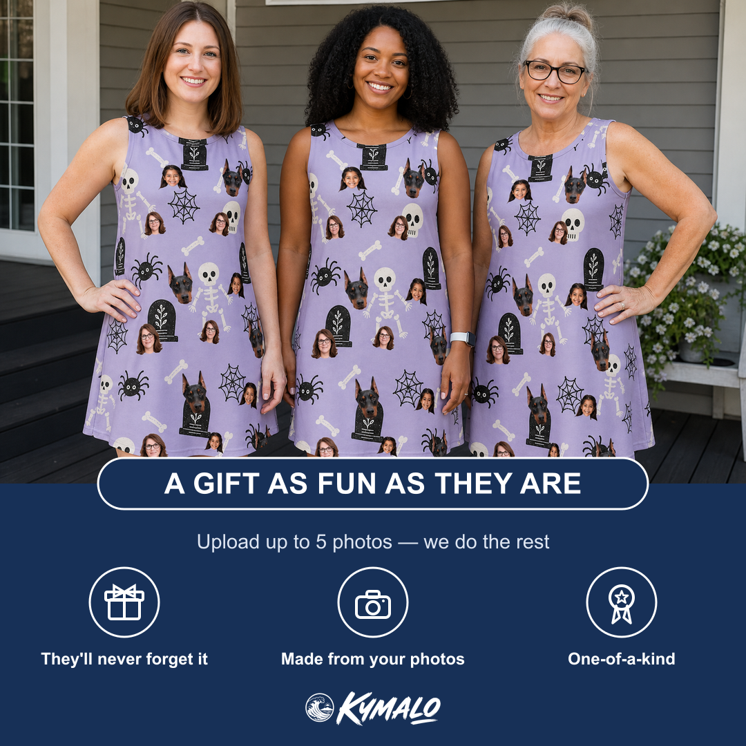 Friends in matching Women's Grinning Gravestones Custom Face Tank Dress — a group gift photo