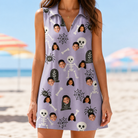 Model wearing Women's Grinning Gravestones Custom Face V-Neck Dress printed with kids' faces