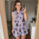 Real-life photo of someone wearing Women's Grinning Gravestones Custom Face V-Neck Dress — custom faces printed all-over