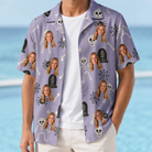 Man wearing Men's Grinning Gravestones Custom Face Hawaiian Shirt open over a white tee