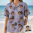 Woman wearing Women's Grinning Gravestones Custom Face Hawaiian Shirt — custom faces printed all-over
