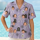 Model wearing Women's Grinning Gravestones Custom Face Hawaiian Shirt printed with kids' faces