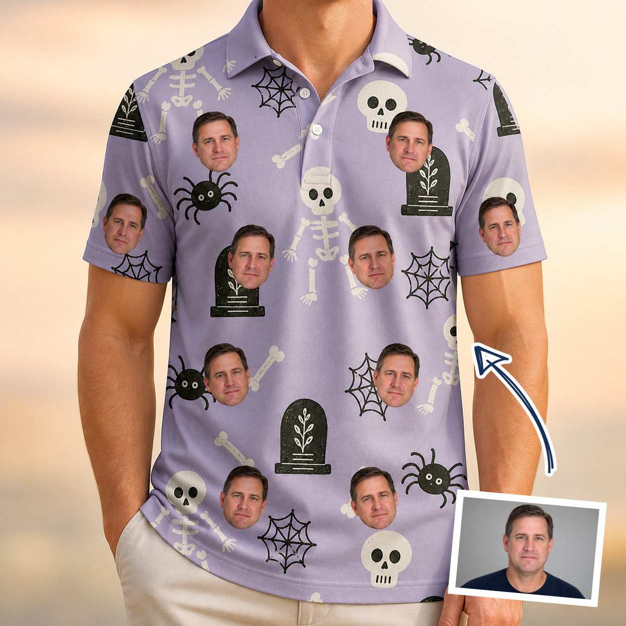 Man wearing Men's Grinning Gravestones Custom Face Polo Shirt — custom faces printed all-over