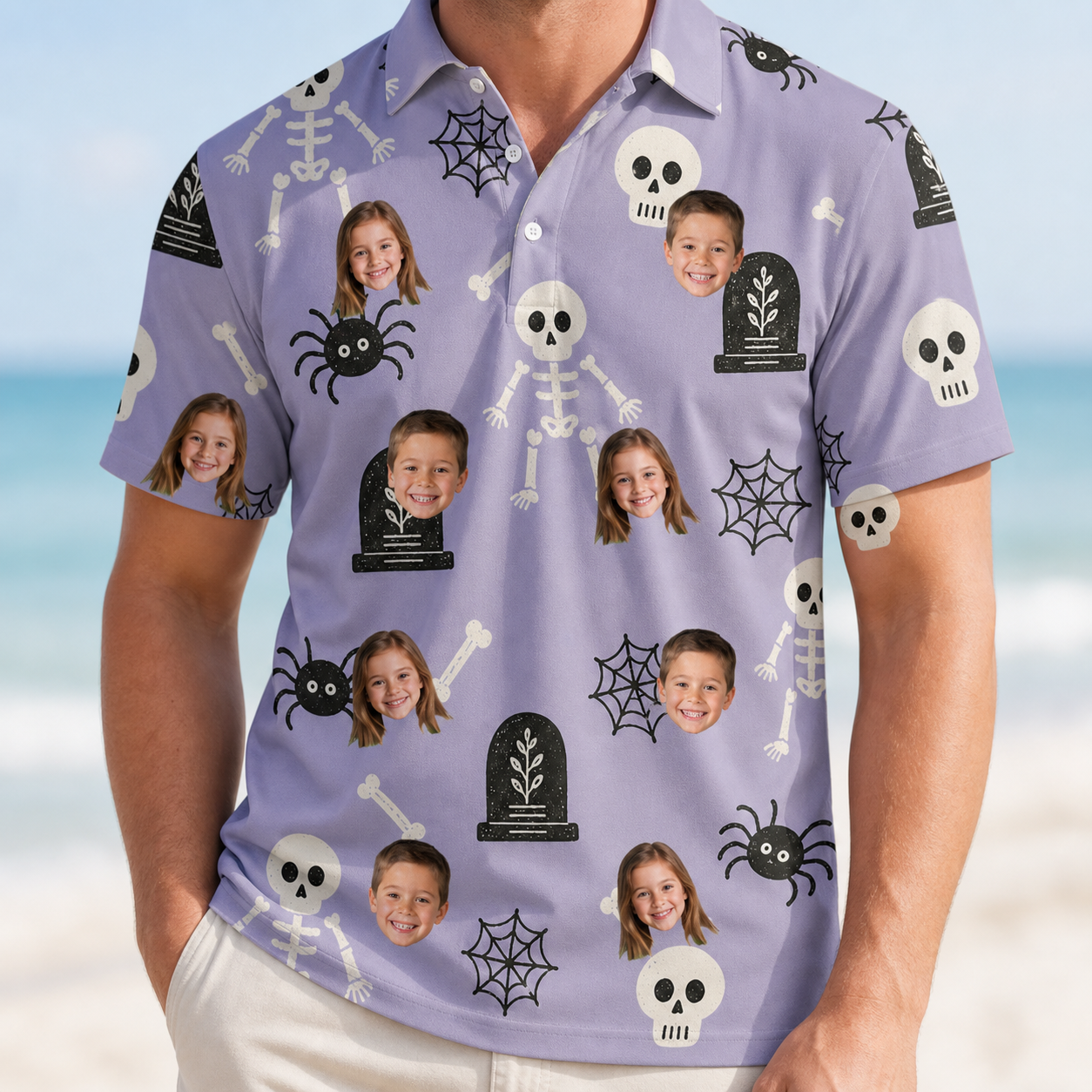 Model wearing Men's Grinning Gravestones Custom Face Polo Shirt printed with kids' faces