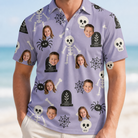 Model wearing Men's Grinning Gravestones Custom Face Polo Shirt printed with kids' faces