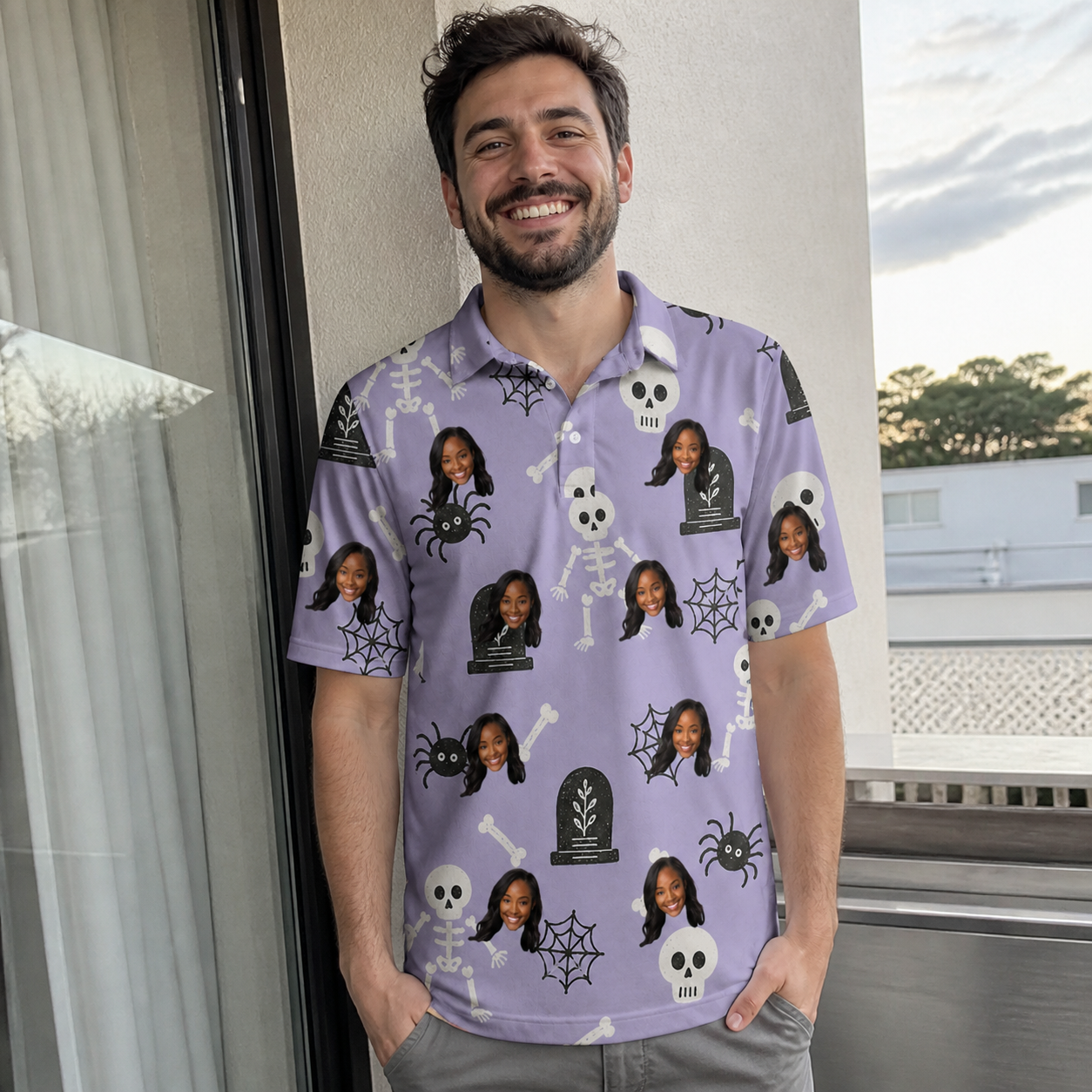 Real-life photo of someone wearing Men's Grinning Gravestones Custom Face Polo Shirt — custom faces printed all-over