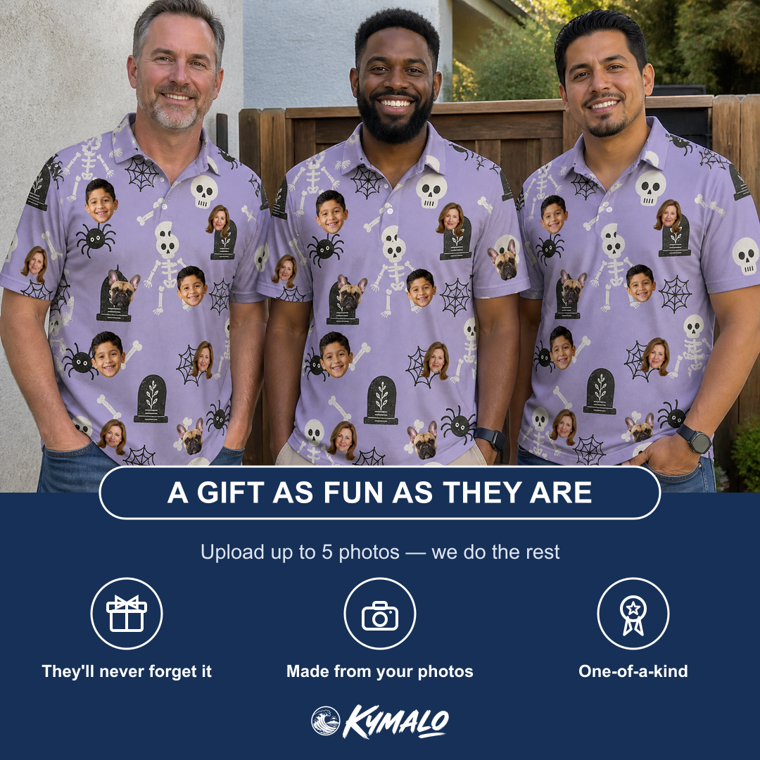 Friends in matching Men's Grinning Gravestones Custom Face Polo Shirt — a group gift photo