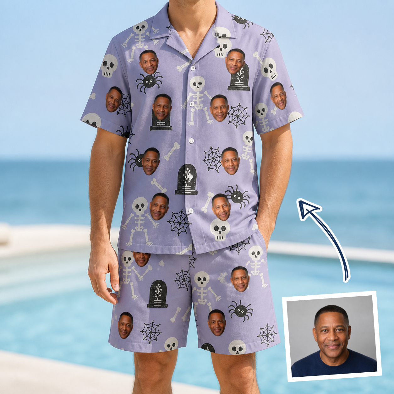 Man wearing Men's Grinning Gravestones Custom Face Shirt & Shorts Set — custom faces printed all-over
