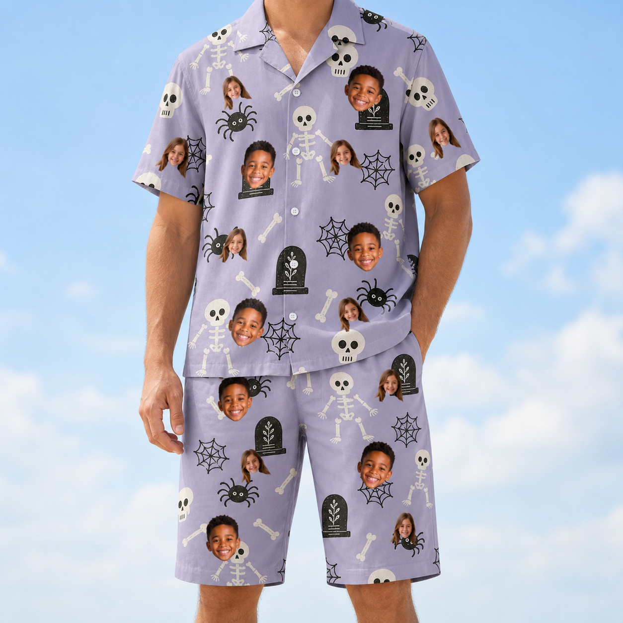 Model wearing Men's Grinning Gravestones Custom Face Shirt & Shorts Set printed with kids' faces