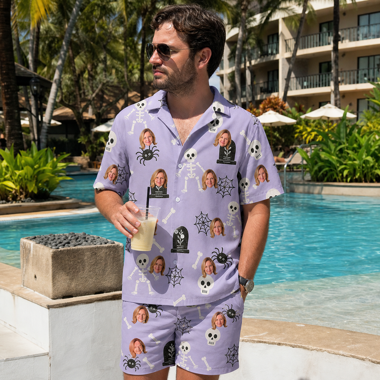 Real-life photo of someone wearing Men's Grinning Gravestones Custom Face Shirt & Shorts Set — custom faces printed all-over