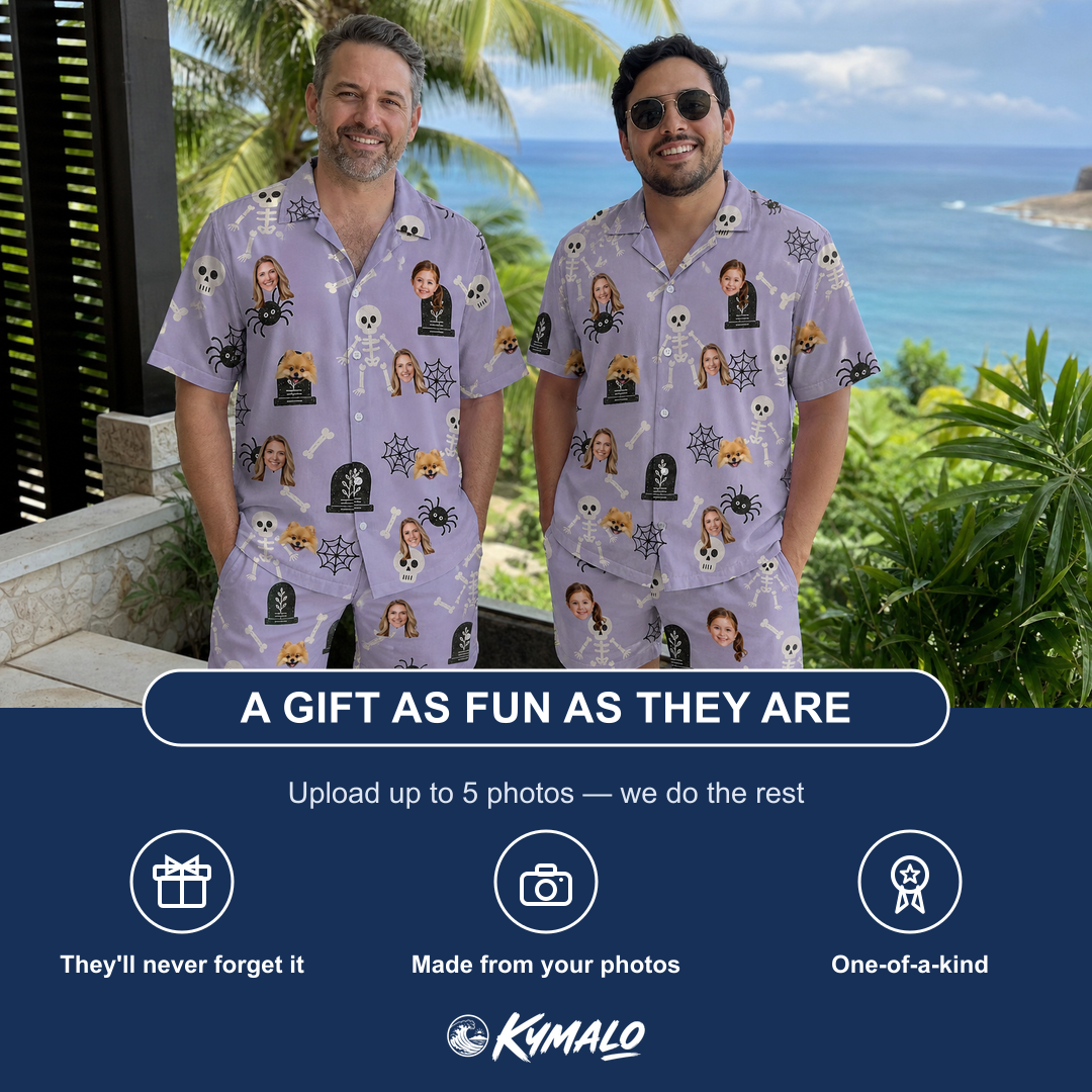 Friends in matching Men's Grinning Gravestones Custom Face Shirt & Shorts Set — a group gift photo