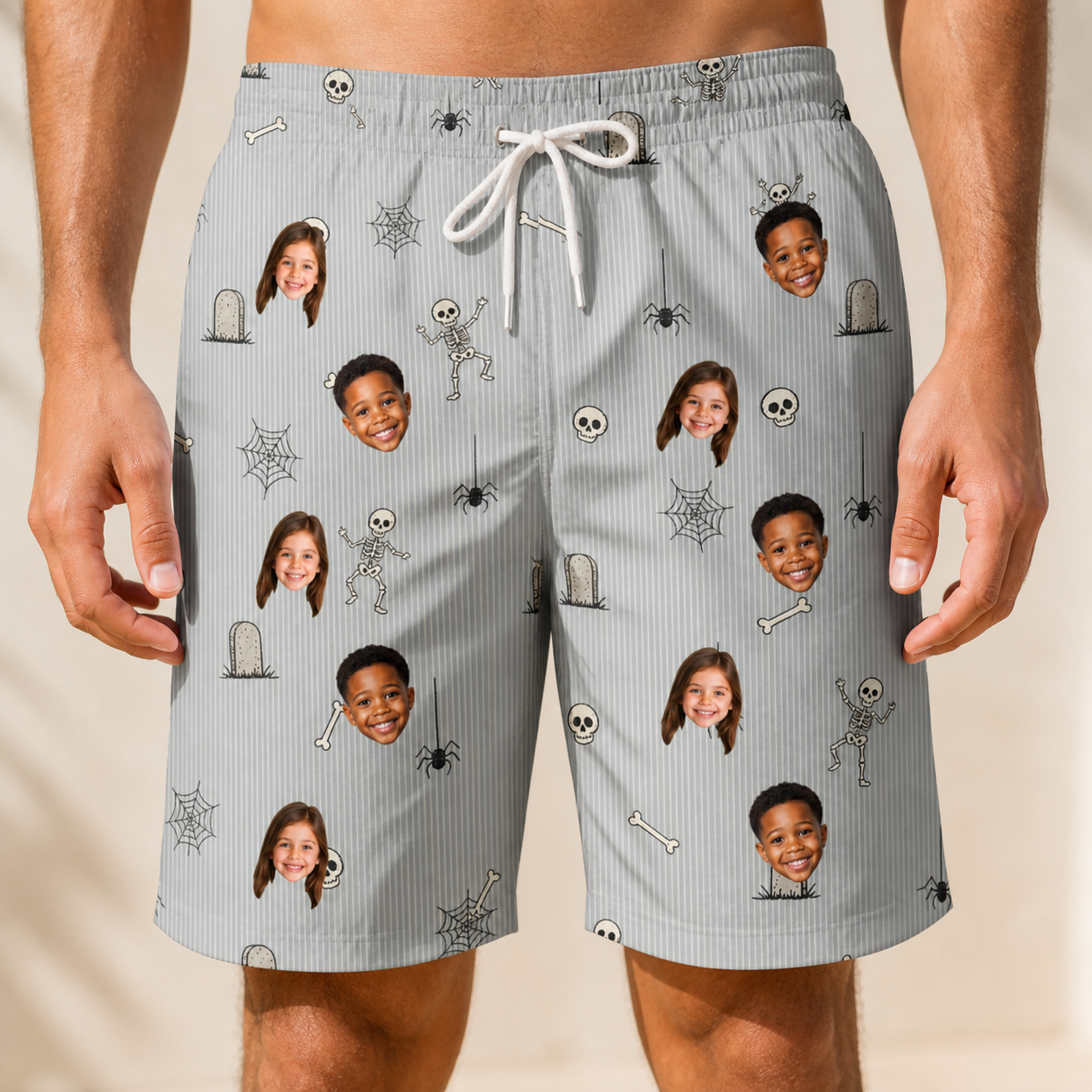 Model wearing Men's Tombstone Tango Custom Face Beach Shorts printed with kids' faces