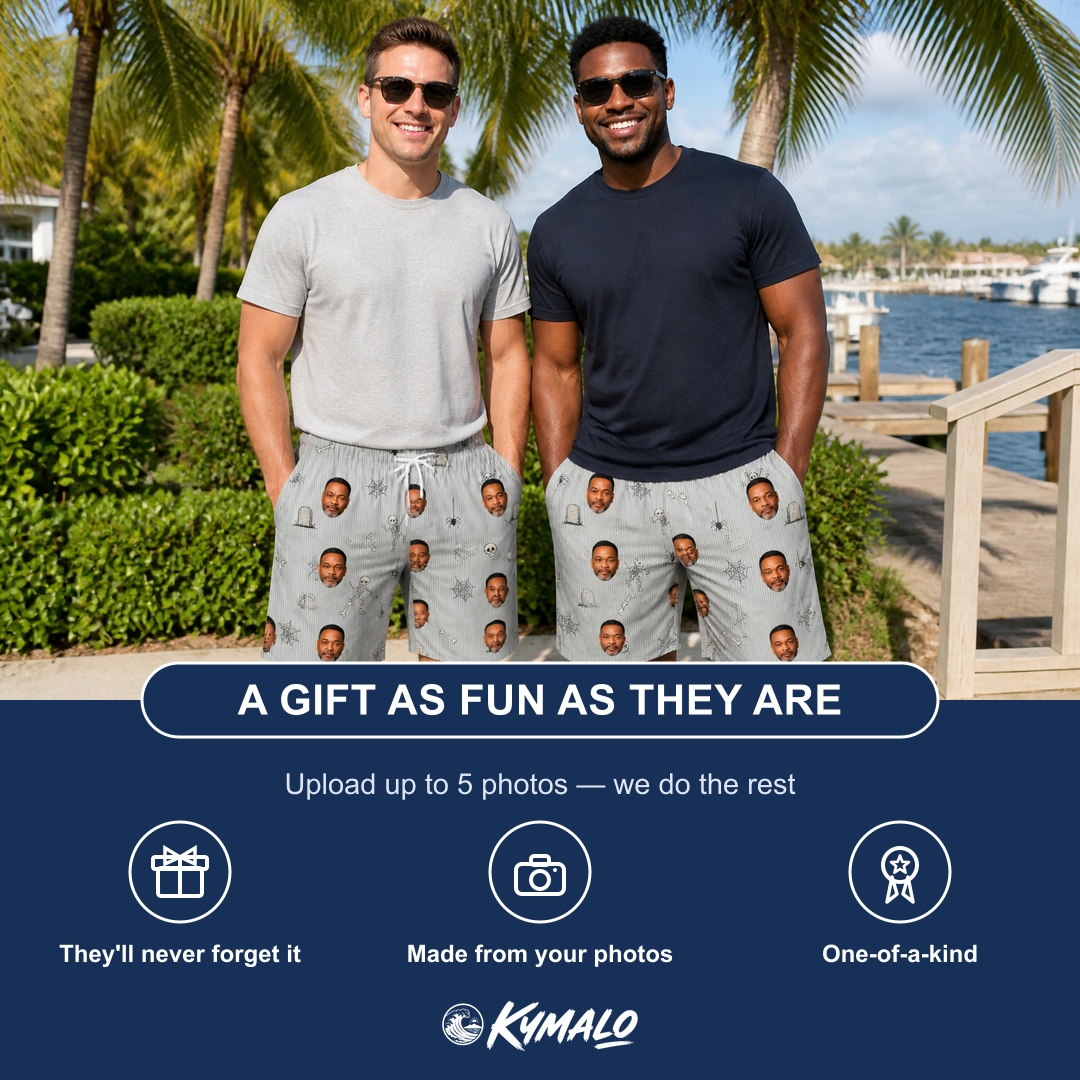 Friends in matching Men's Tombstone Tango Custom Face Beach Shorts — a group gift photo
