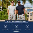 Friends in matching Men's Tombstone Tango Custom Face Beach Shorts — a group gift photo
