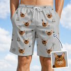 Man wearing Men's Tombstone Tango Custom Cat Face Beach Shorts — custom faces printed all-over
