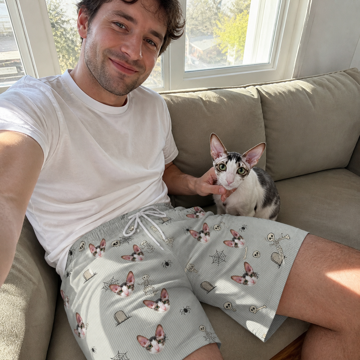 Selfie with the pet whose face is printed all over this Men's Tombstone Tango Custom Cat Face Beach Shorts