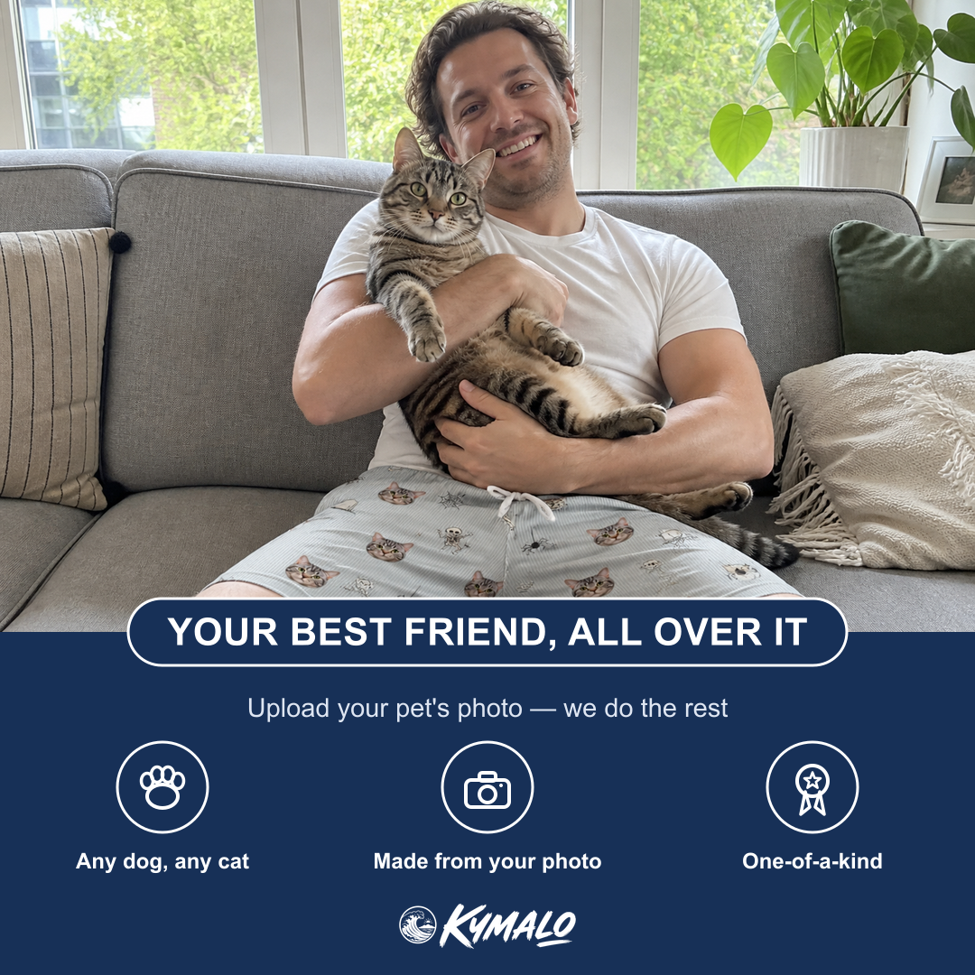 Friends in matching Men's Tombstone Tango Custom Cat Face Beach Shorts — a group gift photo