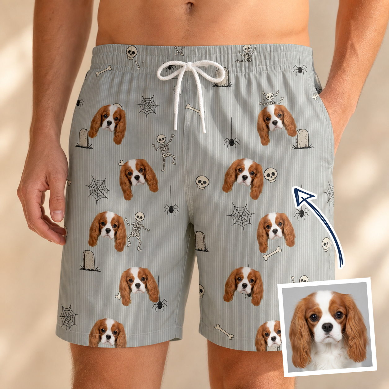 Man wearing Men's Tombstone Tango Custom Dog Face Beach Shorts — custom faces printed all-over