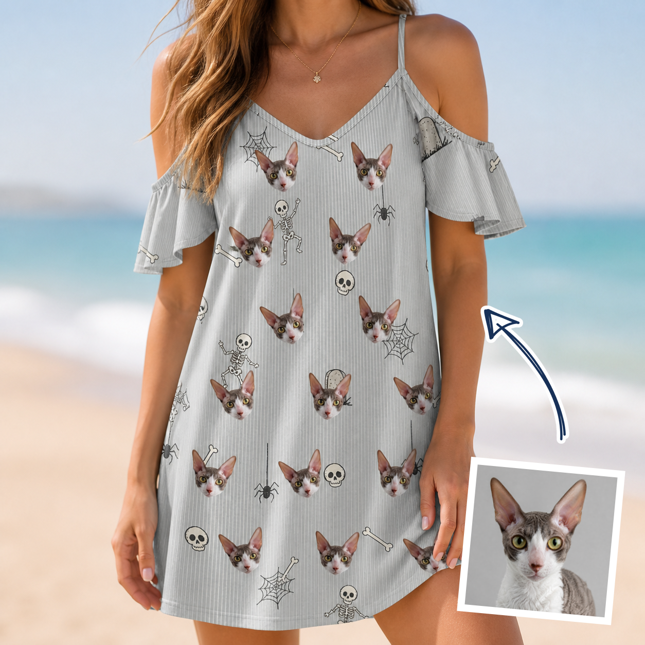 Woman wearing Women's Tombstone Tango Custom Cat Face Off-Shoulder Dress — custom faces printed all-over