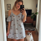 Selfie with the pet whose face is printed all over this Women's Tombstone Tango Custom Cat Face Off-Shoulder Dress