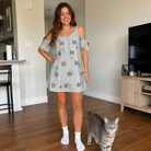 Full-length photo with the pet printed all over this Women's Tombstone Tango Custom Cat Face Off-Shoulder Dress