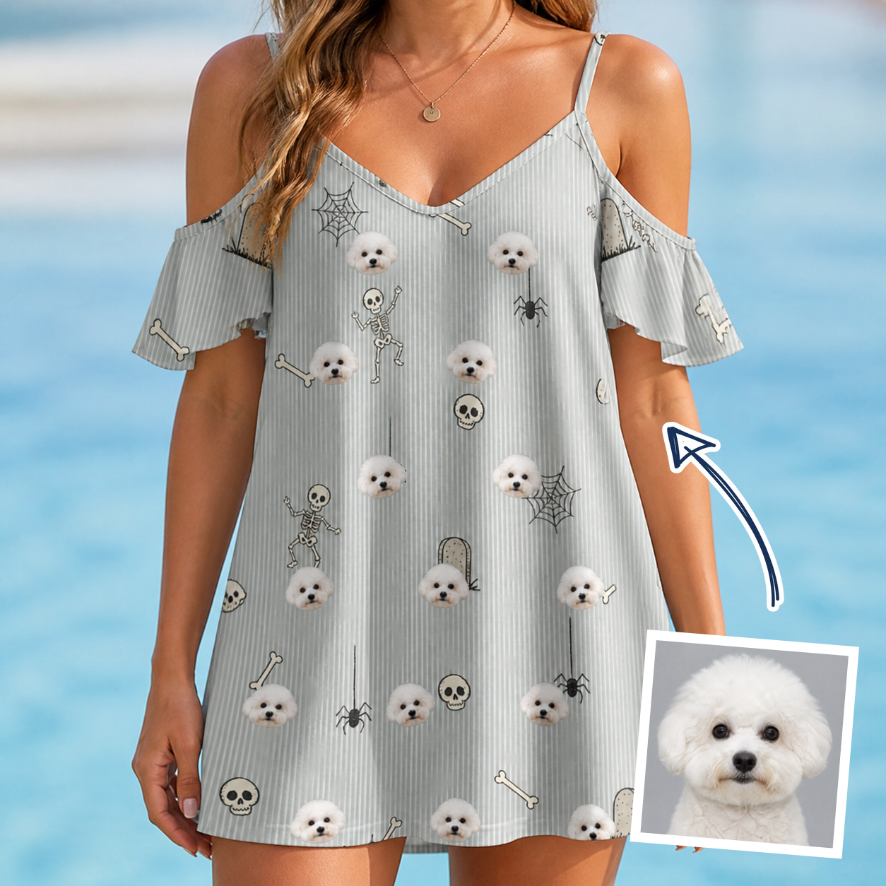 Woman wearing Women's Tombstone Tango Custom Dog Face Off-Shoulder Dress — custom faces printed all-over