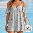 Woman wearing Women's Tombstone Tango Custom Dog Face Off-Shoulder Dress — custom faces printed all-over