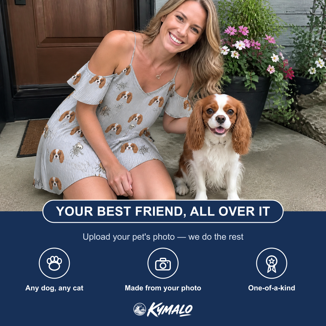 Friends in matching Women's Tombstone Tango Custom Dog Face Off-Shoulder Dress — a group gift photo