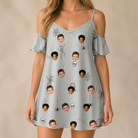 Model wearing Women's Tombstone Tango Custom Face Off-Shoulder Dress printed with kids' faces